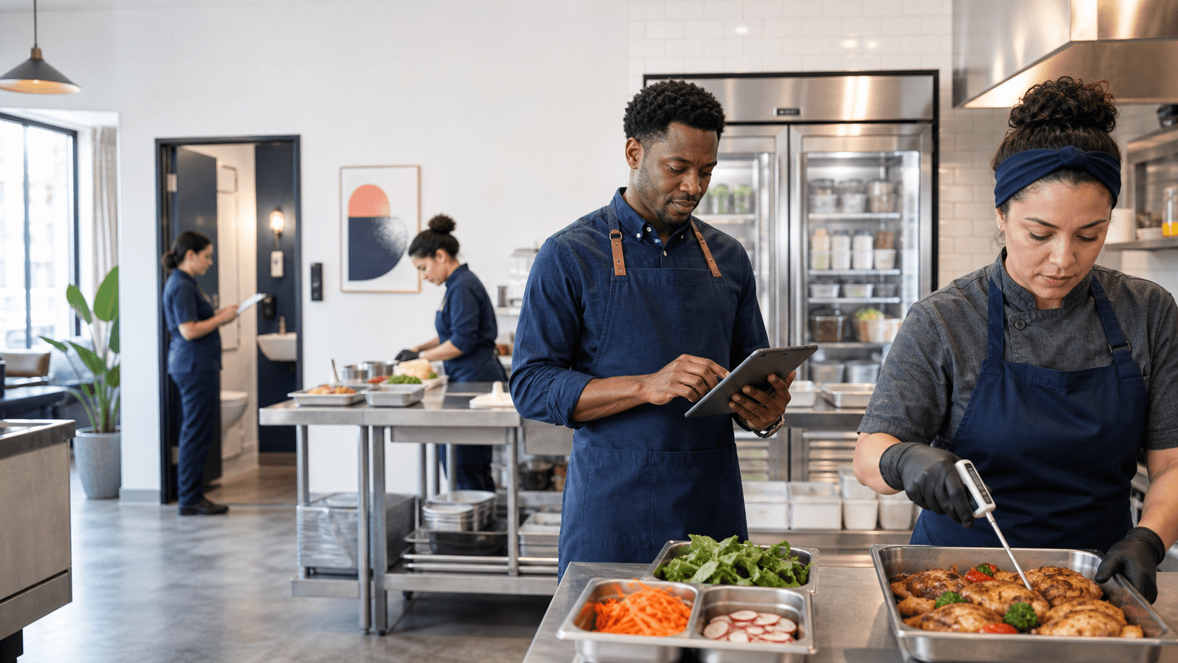Restaurant manager recording a digital line check while a cook verifies food temperature