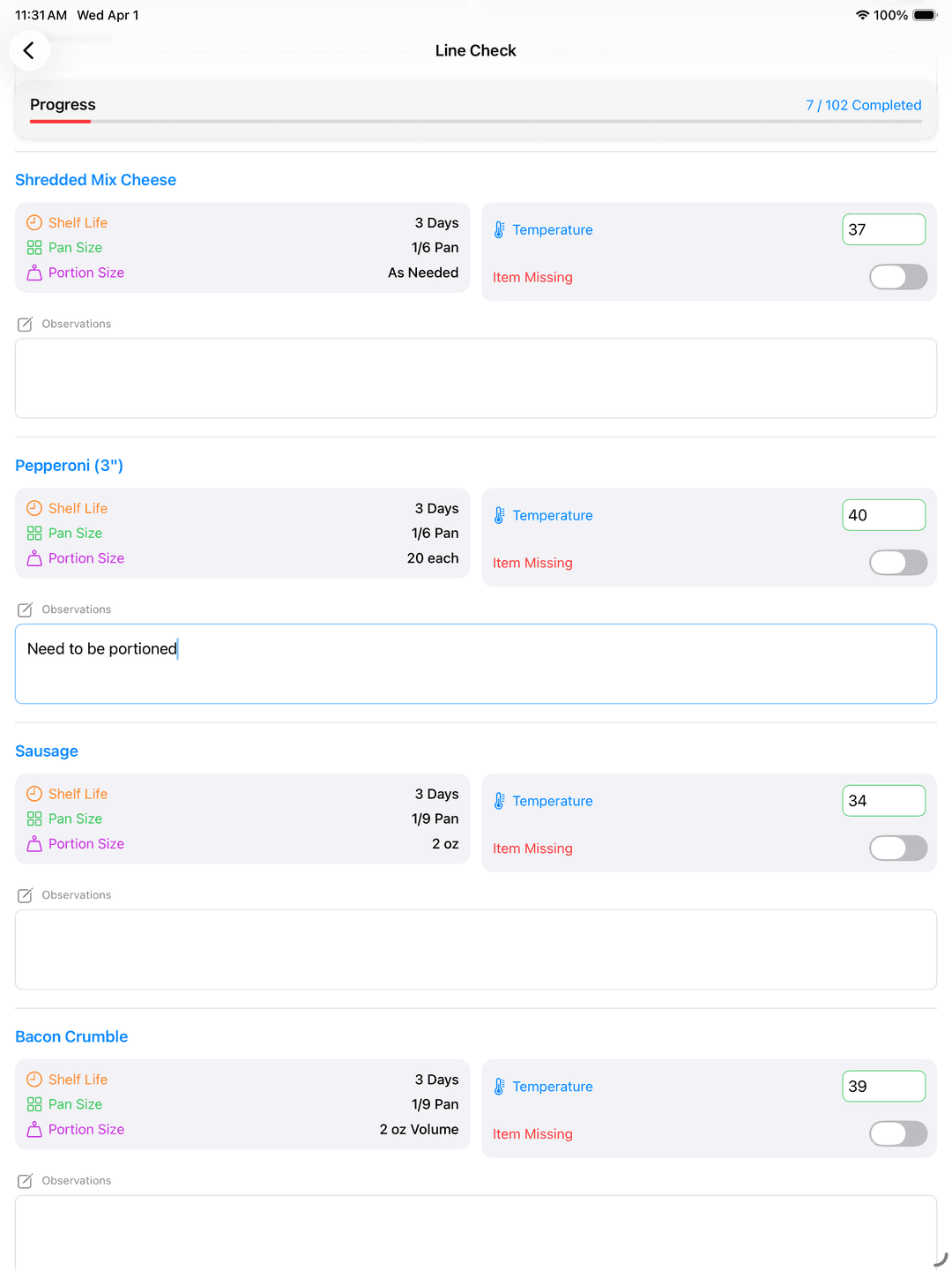 Tablet dashboard showing kitchen line check reporting interface