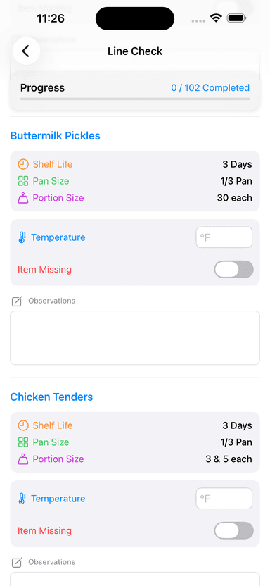 Mobile kitchen line check checklist interface