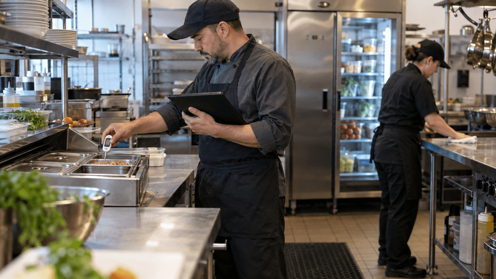 Restaurant manager entering a food-temperature reading during a digital line check