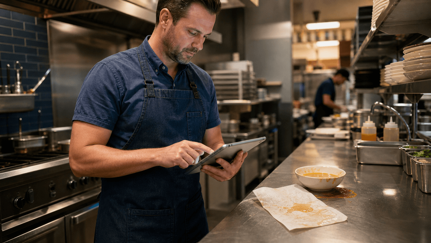 Restaurant manager using a tablet beside a paper line-check form damaged by spilled soup