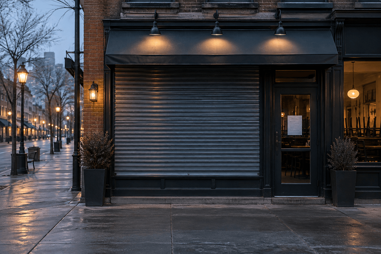 Closed restaurant storefront at dawn