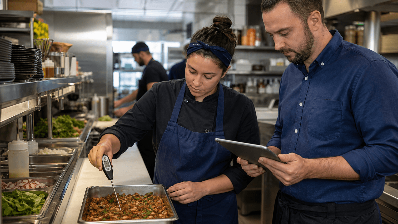 Kitchen employee checking food temperature while a manager records the line check on a tablet